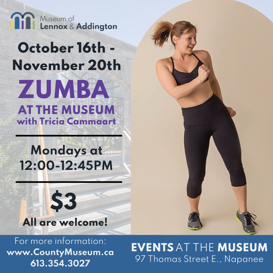 Image advertising the event and featuring images of instructor, Tricia Cammaart doing zumba.