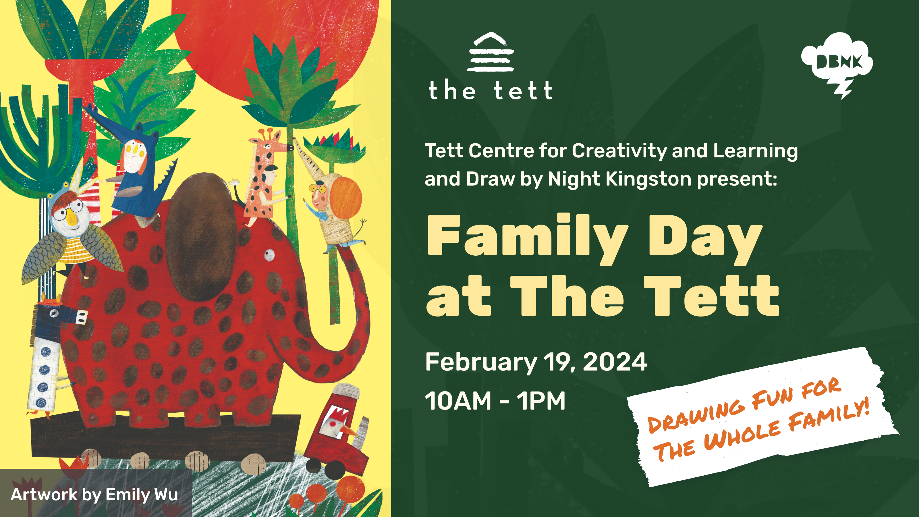 On the left you see illustrations of animals and plants. On the right, you see the text describing the event: Family Day at the Tett