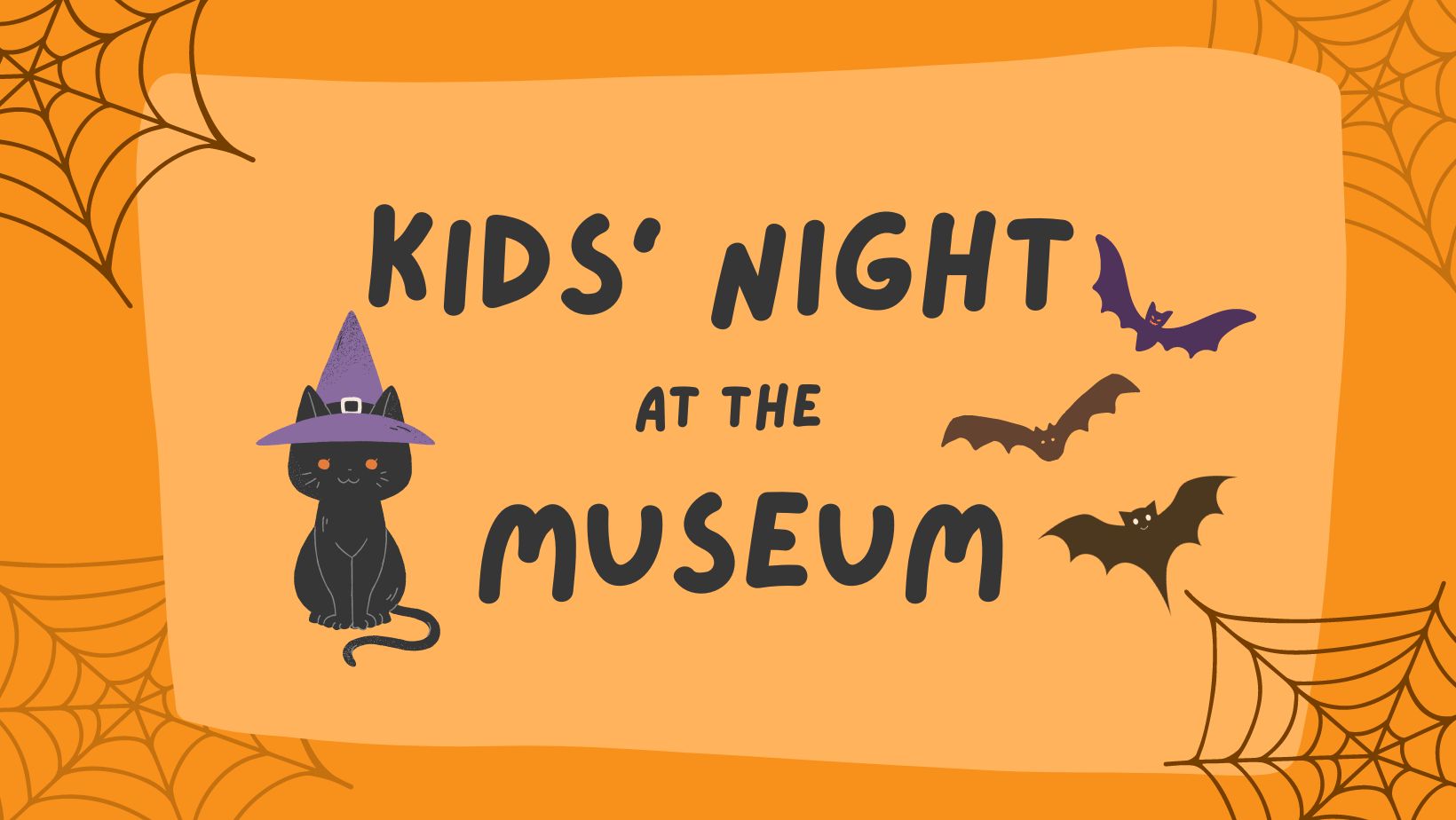 Promotional image for the event with the title "Kids' Night at the Museum" with images of a cartoon cat and three bats.