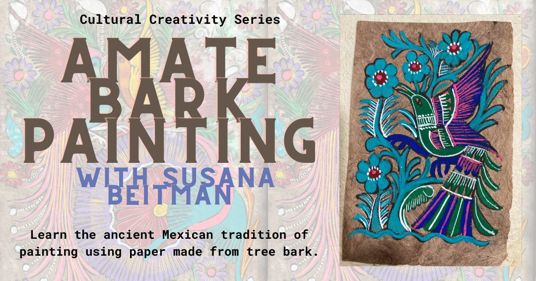 Image of bird painted on amate bark in blue and purple tones. Cultural Creativity Series: Amate Bark Painting with Susana Beitman. Learn the Mexican folk art of painting using amate bark.