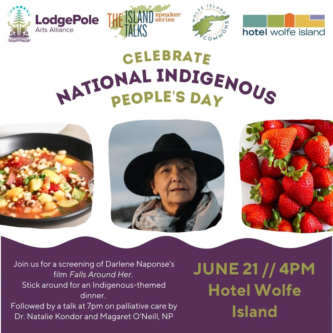 A poster featuring photos of actress Tantoo Cardinal, a bowl of three sisters soup, and strawberries.