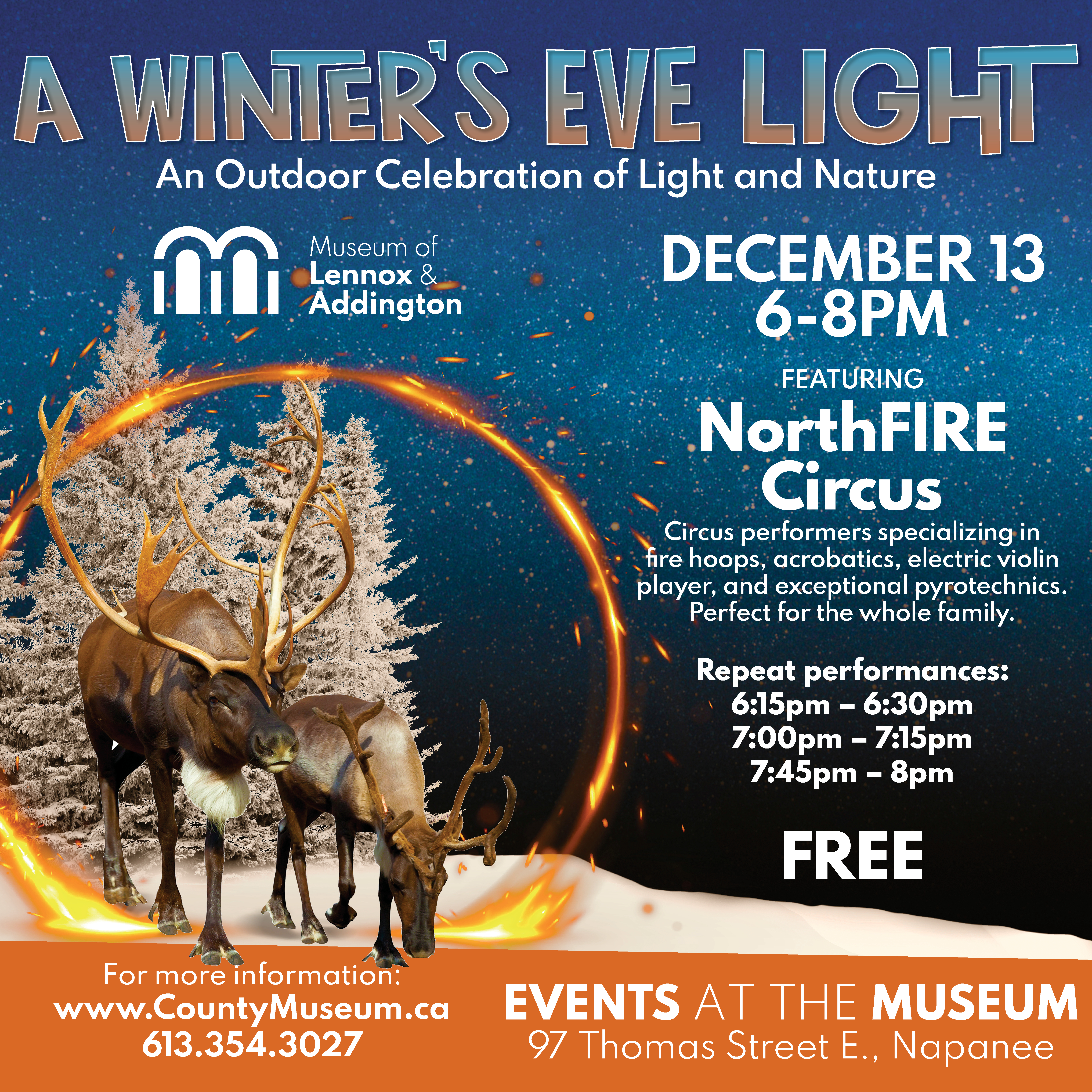 A poster with blue background featuring a ring of fire, reindeer, and pine trees with snow on them. There is text describing the event, along with the date and time