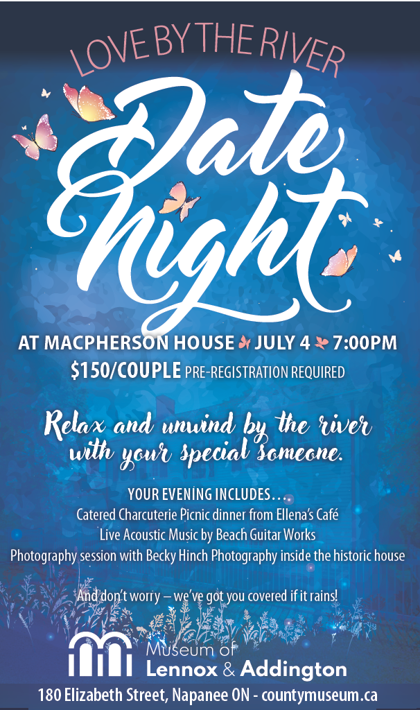 A poster with a dark blue background with the words "Date Night" in large cursive font at the top, followed by the date, price, and general information in white text. The Museum logo is at the bottom of the poster.