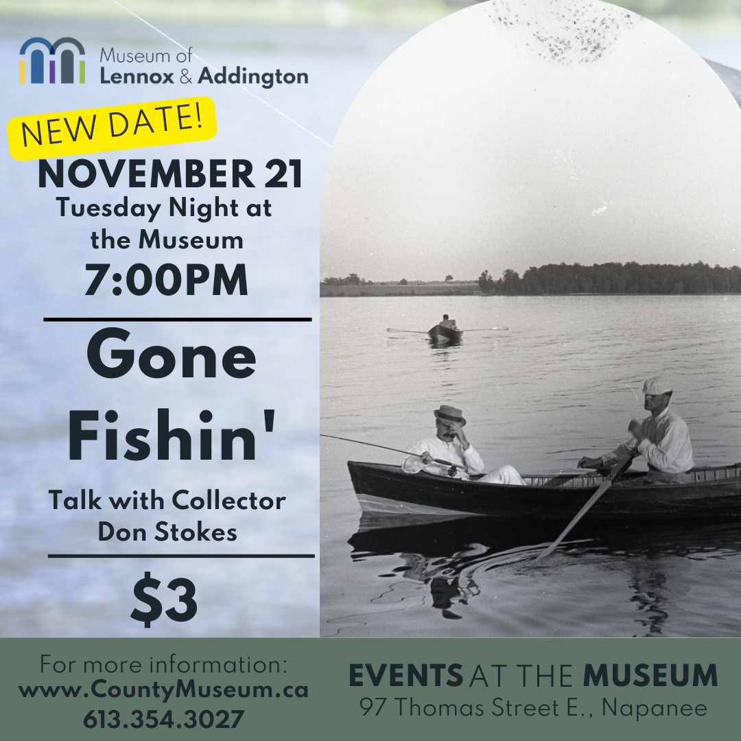 Image advertising the event and featuring a black and white historical image of two people fishing in a boat