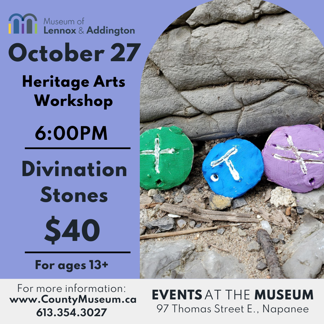 Image advertising the event and featuring an image of 3 divination stones