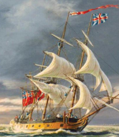 Ontario under sail. Painting by Peter Rindlishbacher