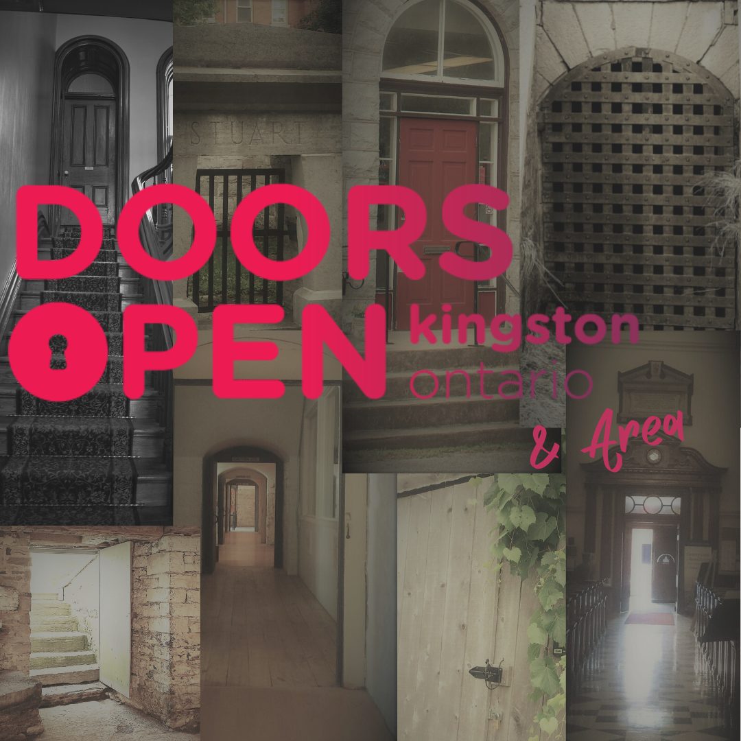 Multiple images of doors at Heritage sites, with Doors Open Kingston & Area logo in red overtop