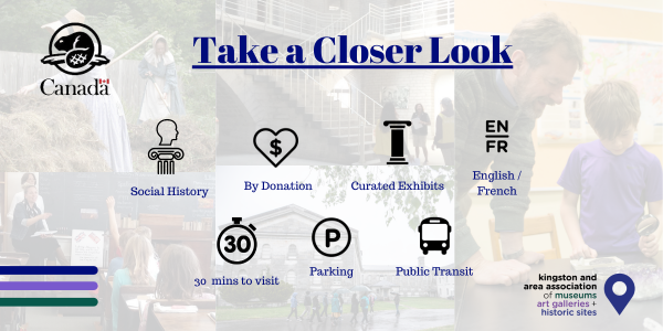 social history, free, curated exhibits, English/French, 30 min visit, parking, public transit