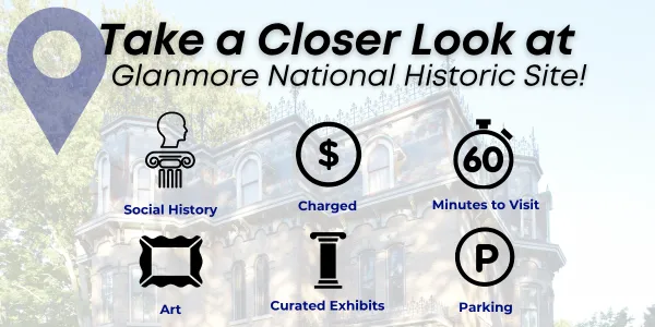 social history, charged, art, curated exhibits, accessible, 60 min visit, parking, public transit