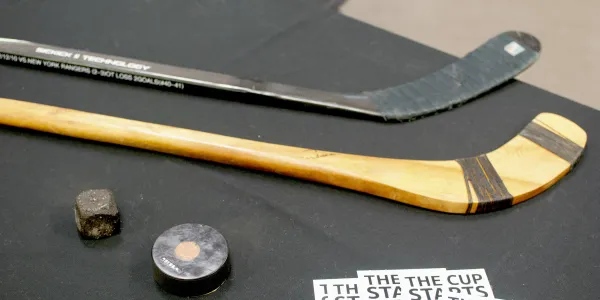 hockey sticks and pucks