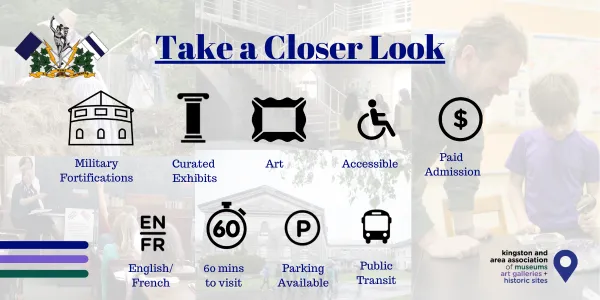 military history, curated exhibits, art, accessible, charged, English/French, 60 min to visit, parking, public transit