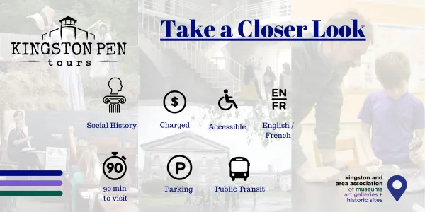 social history, charged, accessible, English/French, 90 min to visit; parking, public transit